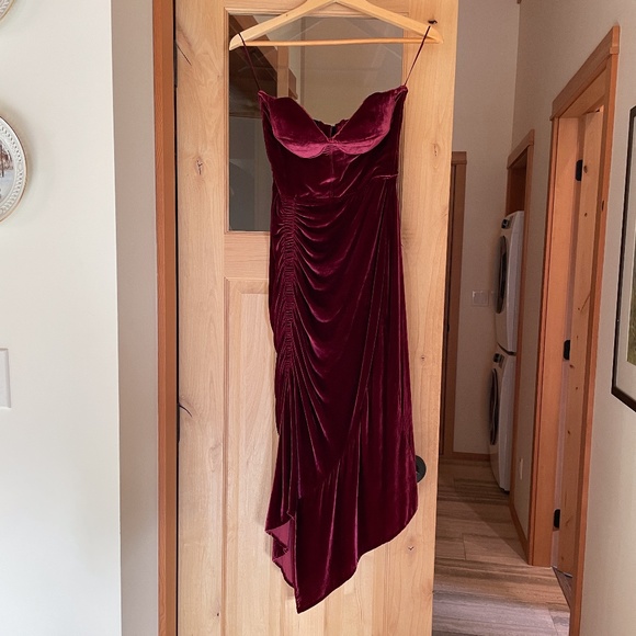 PREEN Burgundy Velvet Strapless Bustier Midi Dress - Picture 3 of 17